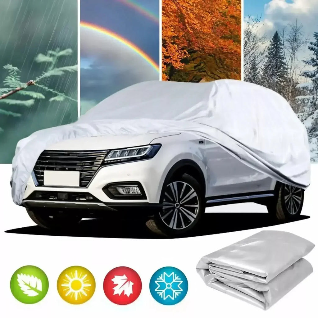 Auto-Schutzhülle für den Außenbereich – Schutz vor Sonne, Schnee, UV-Strahlung, Winter & Sommer – für SUV & Limousine – Sonnenschutz, staubdicht & wasserdicht – Schwarz/Silber